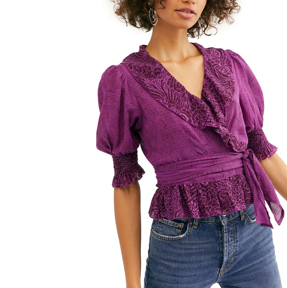 Free People Purple Olivia Printed Wrap Shirt